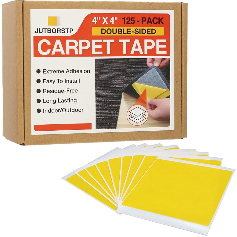 JutboRstp Carpet Tile Tape Double Sided 4" x 4", 125 Tabs Per Pack, Adhesive Connectors for Hardwood Floors, Stair Treads, Tile Floors - Image 1